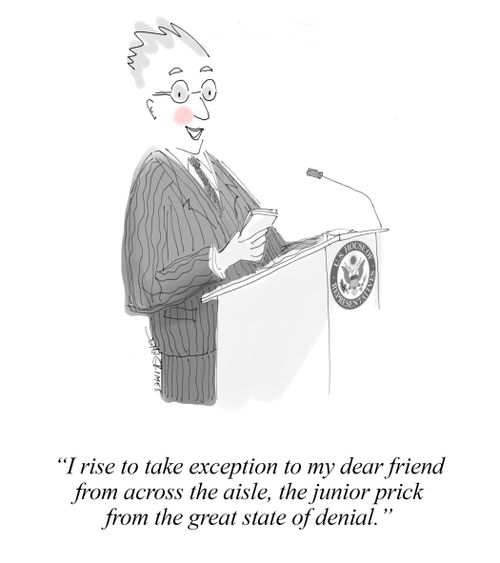 "I rise to take exception to my dear friend from across the aisle, the junior prick from the great state of denial."