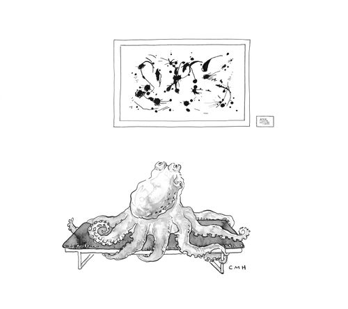 An octopus admiring an inkblot painting