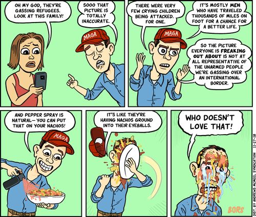 "Oh my God, they're gassing refugees. Look at this family!"
