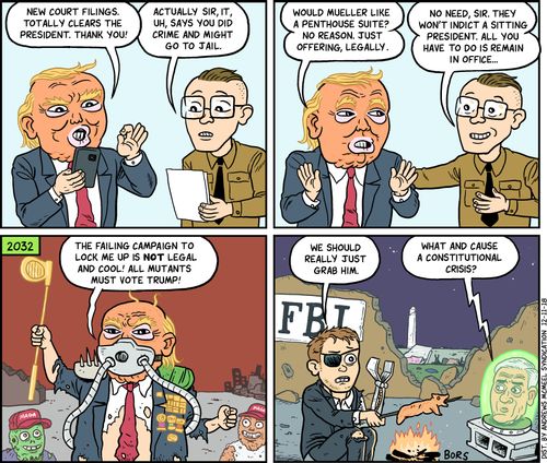 "New court filings. Totally clears the President. Thank you." "Actually, sir, it, uh, says you did crime and might go to jail."