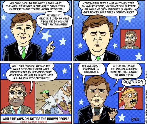 "Welcome back to the white power hour! The Mueller report is out and it completely exonerates our strong aryan president. No need to read it. I used to wear a bow tie, so you can trust my judgement." 