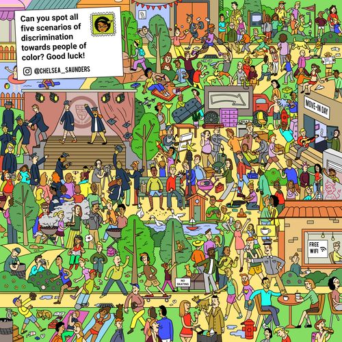 Can you spot all five scenarios of discrimination towards people of color? Good luck!