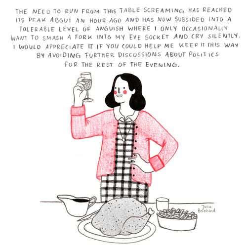 The need to run from the table screaming, has reached it's peak about an hour ago and has now subsided into a tolerable level of anguish where I only occasionally want to smash a fork into my eye socket. . .