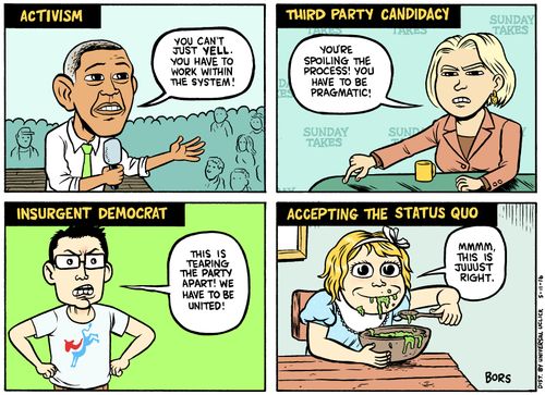Activism, third party candidacy, insurgent democrat, accepting the status quo