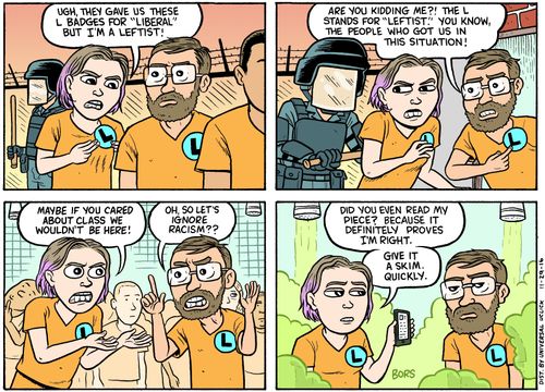 "Ugh, they gave us these L badges for 'liberal' but I'm a leftist!"