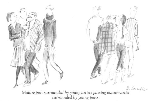 Mature poet surrounded by young artists passing mature artist surrounded by young poets.