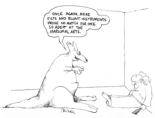 "Once again, mere fists and blunt instruments prove no match for one so adept at the marsupial arts."