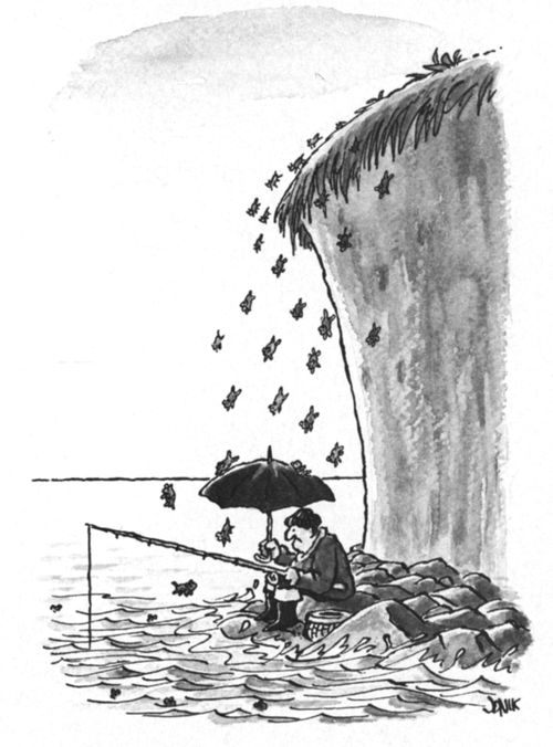 Man fishing while holding an umbrella to protect himself from lemmings jumping off the cliff above him