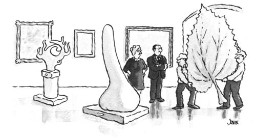 Workmen cover up a modern art sculpture with a giant fig leaf.