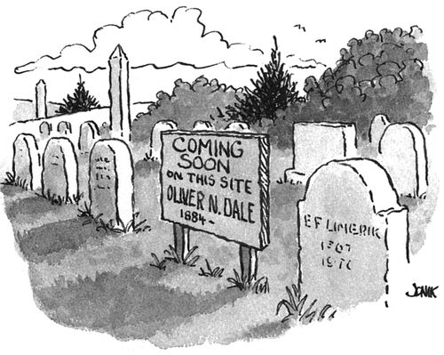 Sign in a cemetery saying "Coming soon on this site - Oliver N. Dale 1884-?"