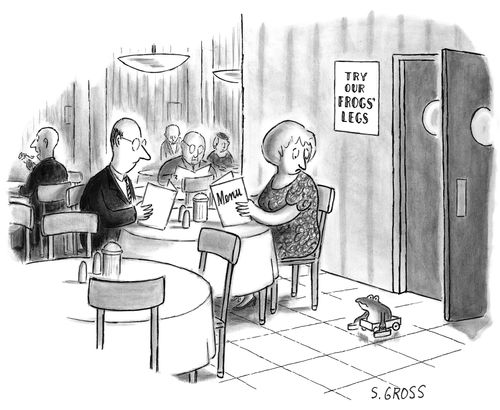 A couple watches as a frog in a wheelchair exits a restaurant's kitchen near a sign that says "Try our Frog's legs".
