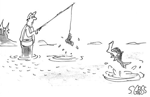 Fisherman catches a boot; a nearby fish leaps out of the water holding a human foot in its mouth