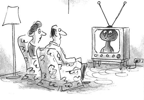 TV antennas coming out of the head of a creature shown on the TV