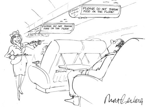 Man looking at a notice on an airplane that reads "Please do not throw food on the floor".