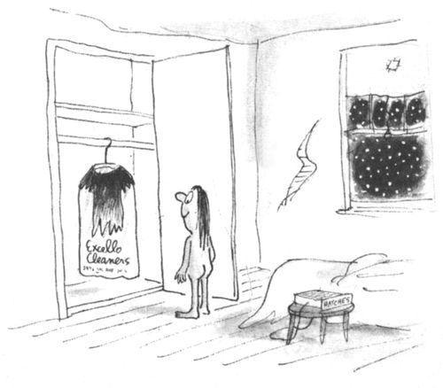 A woman prepares to change into her freshly-cleaned grubby dress.