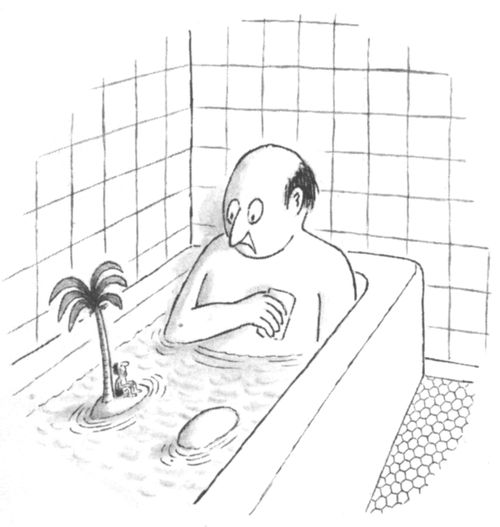 Large man in a bathtub staring at a tiny man on a tiny desert island floating in the bathtub