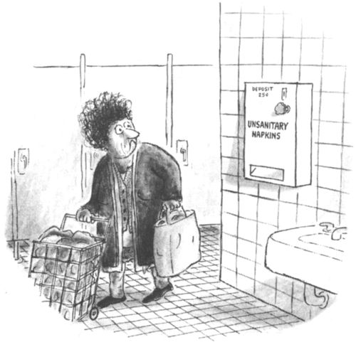 Woman looking at a vending machine for feminine hygiene products in a public restroom that reads "Unsanitary napkins".