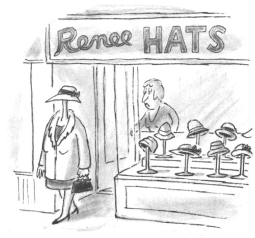 Woman with a long neck and no head walks out of a hat shop wearing a hat.