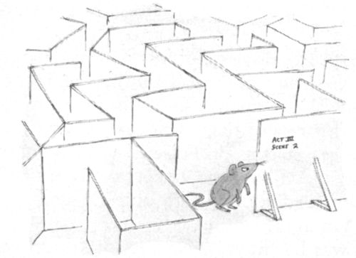 A mouse in a maze finds a backdrop that says "Act III, Scene 2."
