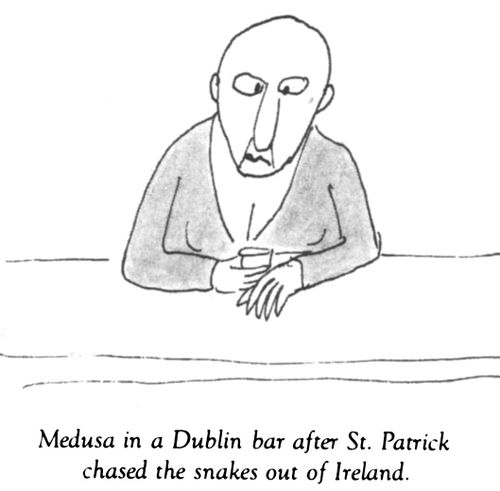 Medusa in a Dublin bar after St. Patrick chased the snakes out of Ireland.