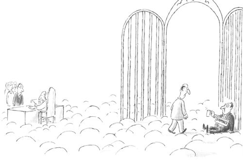 A damned man begs for change at the gates of heaven.