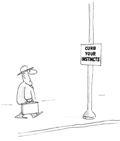 Man looking at a street sign that reads "Curb your limits"