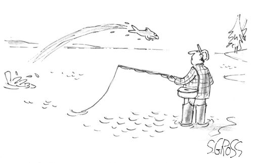 An angry fish jumping out of the water aiming for a man who is fishing