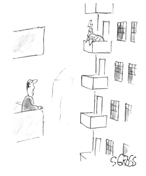 A man sees Zeus throwing lightning bolts on the balcony of his apartment.