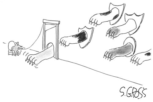 Cat reaching his paw into a mouse hole that is rigged with a guillotine; the mouse has many taxidermy cat paws displayed on his wall 