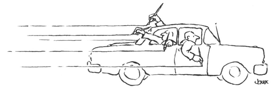 Artists draw speed lines next to their car.