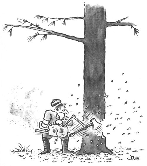 Man cutting a tree using a axe connected to a machine