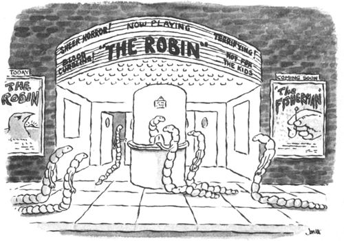 Worms going to the cinema to watch a horror movie called "The Robin"