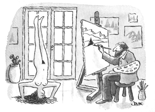 An artist paints a tree using a nude model.
