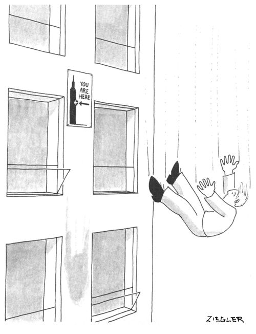 A man sees a "you are here" sign as he falls from a building.