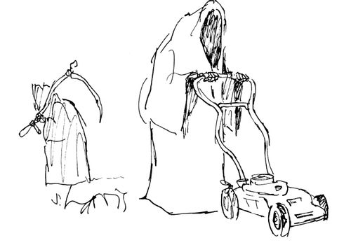 The Grim Reaper with a lawn mower