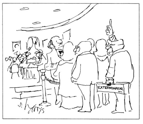 An exterminator waits in line at a restaurant