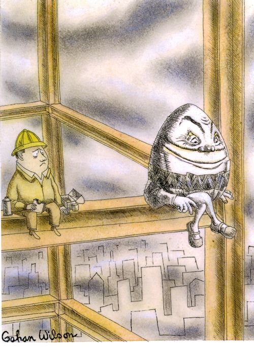 Humpty Dumpty sits on some scaffolding at a construction site