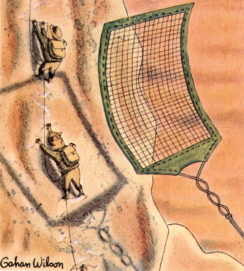A pair of mountain climbers are hit with a flyswatter.