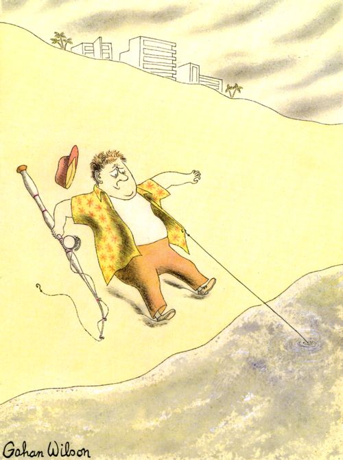 A fisherman is hooked on the beach.
