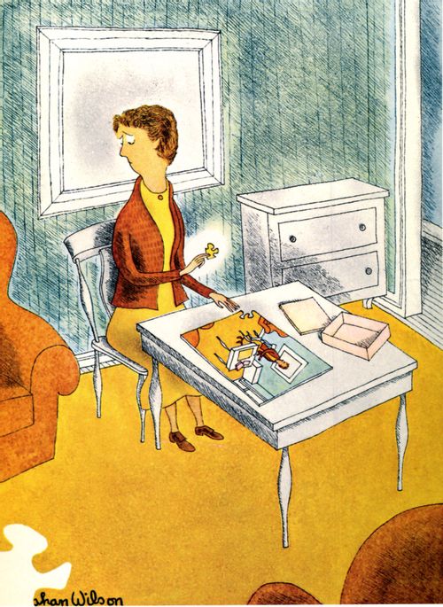 Woman putting together a puzzle of herself putting together a puzzle