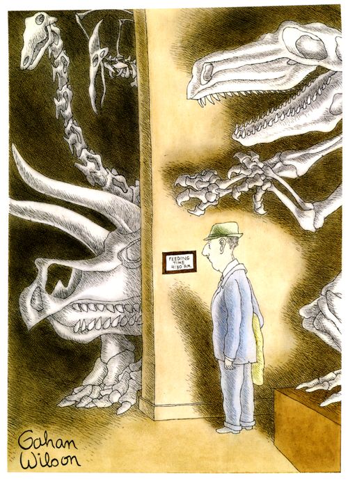 Man surrounded by dinosaur bones at a museum looks at a sign that reads "Feeding time 4:30 p.m.".