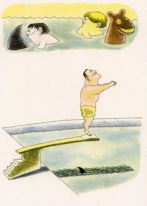 A child plots to frighten his father with a fake shark fin.