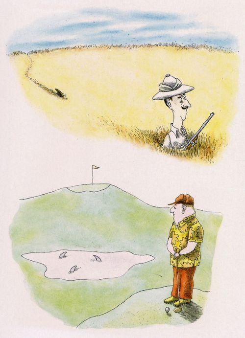 A hunter is chased by a shark and a golfer sees sharks in the sand traps.