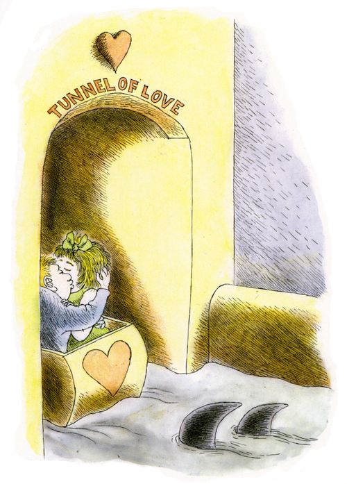 Two people kissing in a Tunnel of Love are approached by two sharks