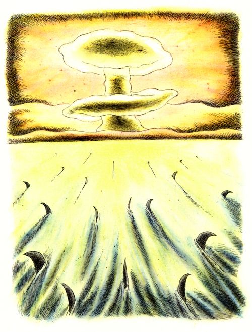 A bunch of sharks swim towards a nuclear explosion.