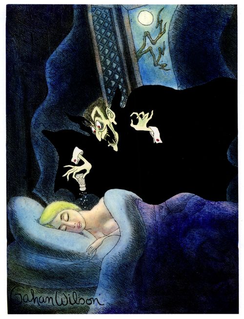 A vampire sprinkles salt on a maiden's neck.