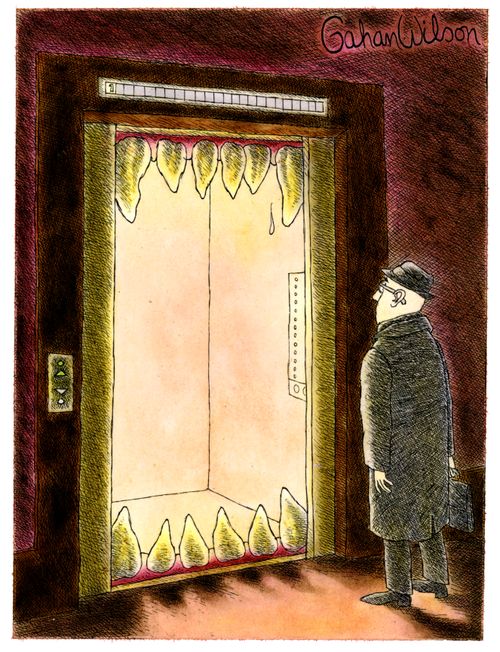 An elevator door opens to reveal rows of teeth