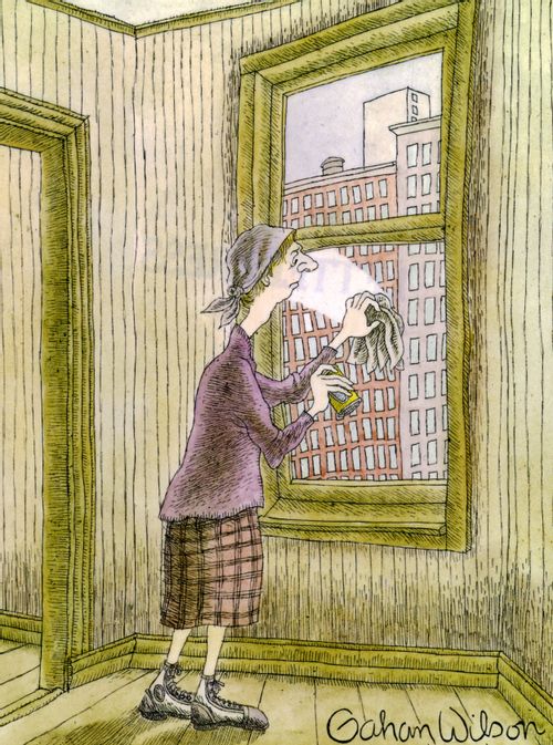 A woman strips the paint from a window.