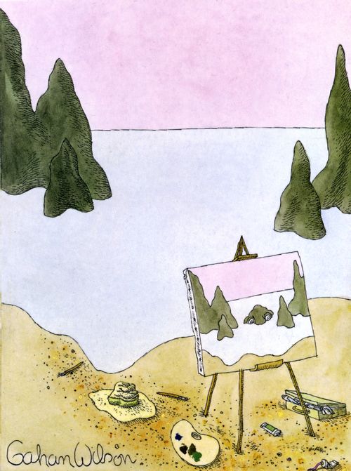 Unfinished painting  of a monster in a lake sits beside the lake with no painter in sight