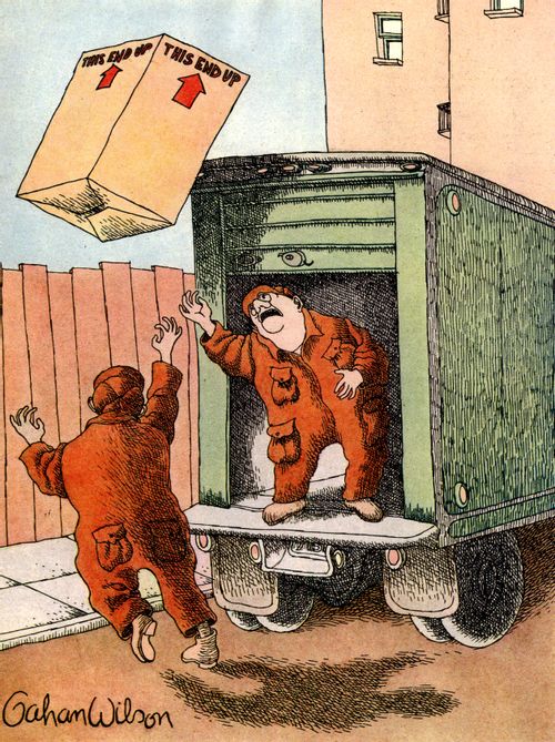 Movers throwing boxes out of a truck